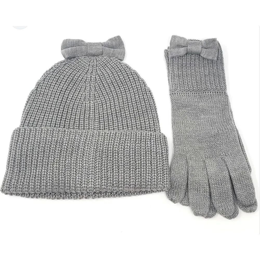 Kate Spade Gray Knit Dorothy Bow Beanie Hat & Gloves - Bow Fancy Warm GUC
